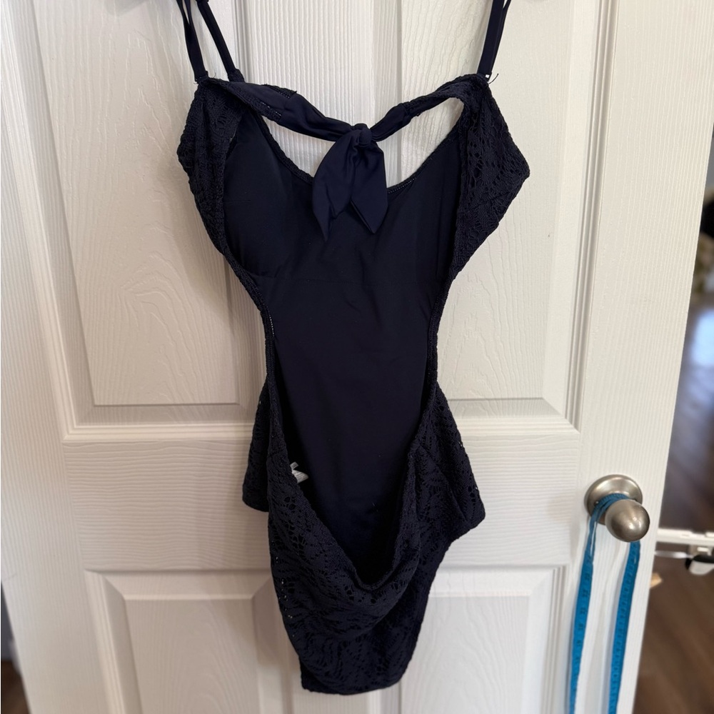 Aerie Navy Crochet One Piece Swimsuit Tie Front Cutout Lined Size L Cheeky